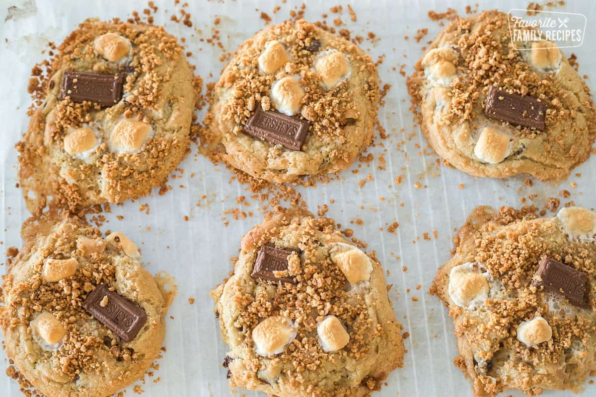 Baked s'mores cookies showing toasted marshmallows.