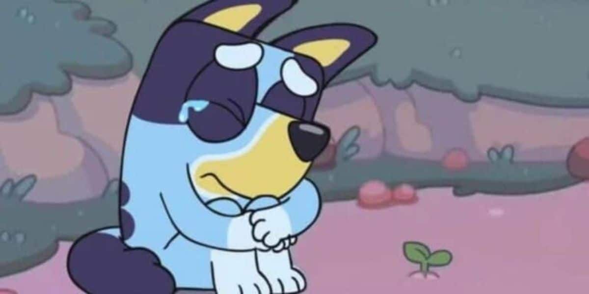 A blue cartoon dog resembling Bluey sits on the ground with closed eyes and a tear, head bowed and paws clasped, looking sad. Nearby, a small green sprout and some rocks add to the somber scene.