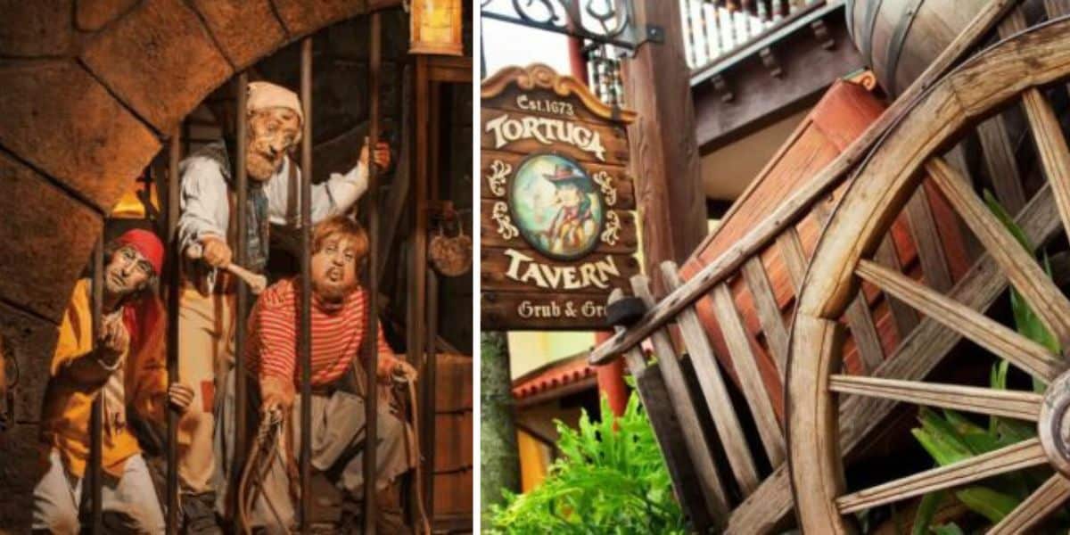 The image shows a scene with three animatronic pirates behind bars in a dungeon setting and another with a sign reading "Tortuga Tavern" next to a large wooden wheel, likely part of the themed attraction.