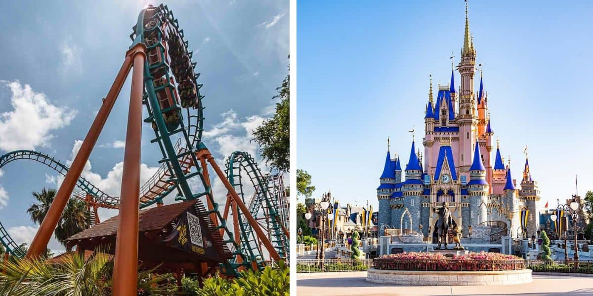 An image split into two halves: the left side shows an inverted roller coaster ride against a blue sky with some clouds, while the right side displays a grand fairy tale castle with colorful spires, surrounded by a decorated plaza and a statue in front.