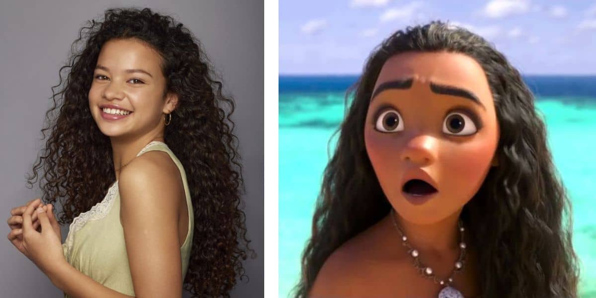 Side-by-side images: On the left, a girl smiles with her curly hair loose, wearing a light green tank top. On the right, an animated character resembling Moana with long curly hair looks surprised against a backdrop of blue ocean and sky.