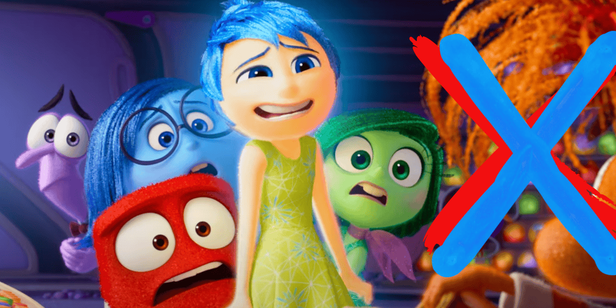 The image shows animated characters from the movie "Inside Out," including Anger, Disgust, Joy, Sadness, and Fear, all with different facial expressions. A large red and blue X partly covers the screen on the right side.