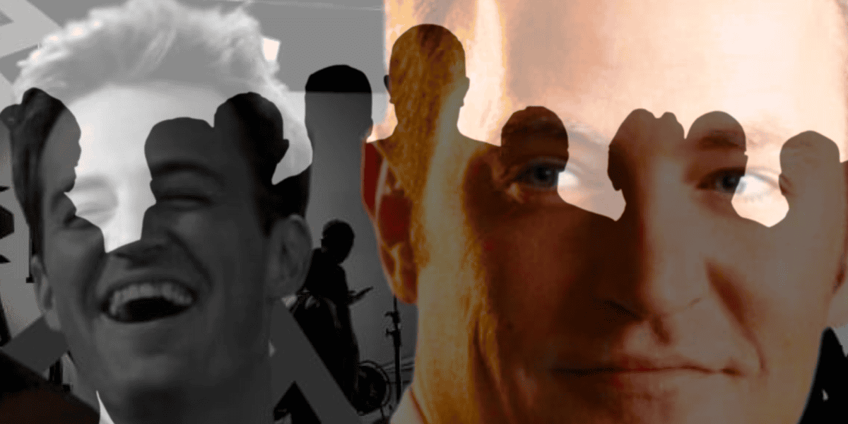 A collage featuring two partially overlapping male faces. The left side shows a man's face laughing, while the right side displays another man's face looking forward. Silhouettes of additional people are layered over both main faces, creating a complex, artistic composition inspired by Matthew Perry's roles and the intrigue of criminal investigations.