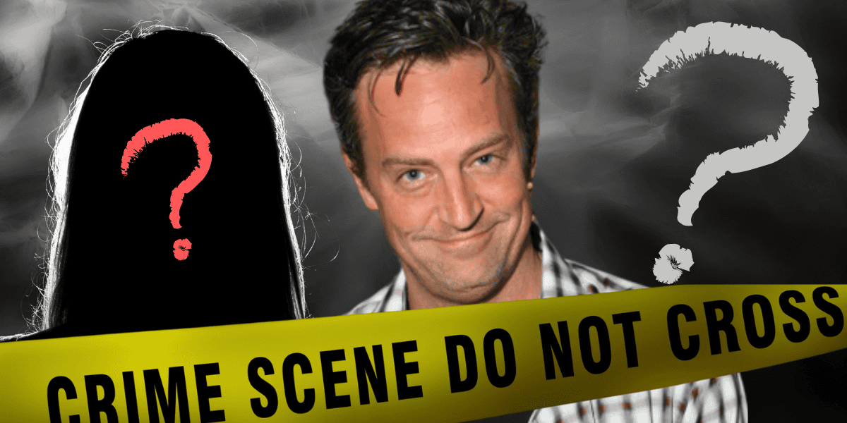 An image featuring a man smiling, flanked by two silhouettes with question marks on them. In the foreground, yellow crime scene tape reads "CRIME SCENE DO NOT CROSS". The background is shadowy and ominous.