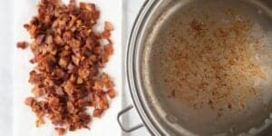 Cooked, crumbled bacon pieces draining on a white paper towel next to a metal skillet with bacon grease and bits left inside, ready to elevate your Cheesy Potato Soup That Rivals Le Cellier’s Iconic Dish.