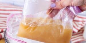 A hand holding a clear freezer bag filled with a light brown liquid, possibly soup or broth. The bag is being placed inside another larger bag. The person has pastel purple nail polish. In the background, there is a red and white striped fabric.