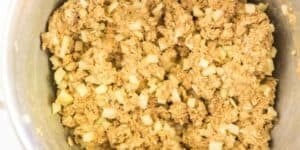A large mixing bowl filled with a mixture of raw ingredients including chopped onions and what appears to be ground meat or a meat substitute. The mixture has a coarse texture and a light brown color.