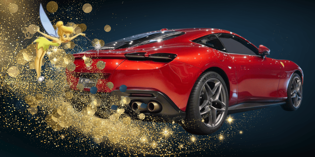A red sports car is shown from a rear angle against a dark blue background. Beside the car, a fairy character is depicted, surrounded by a swirl of sparkling golden magic dust.