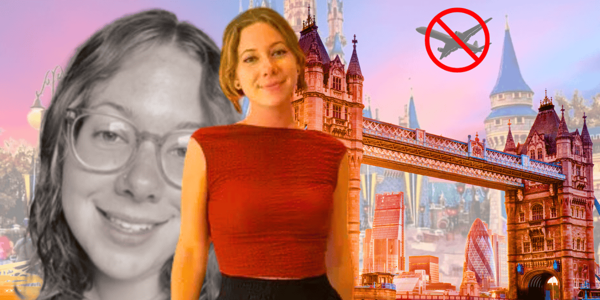 A smiling woman in glasses and a woman in a red shirt are superimposed on a colorful backdrop featuring a castle, a bridge, and a plane with a red prohibition symbol over it.