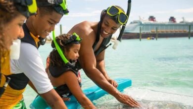 A joyful group of people snorkel in clear, shallow waters near a Disney cruise ship. One person leans over a blue board to touch a stingray closely. Everyone is equipped with snorkeling gear and smiles broadly, enjoying the interaction with the marine life.