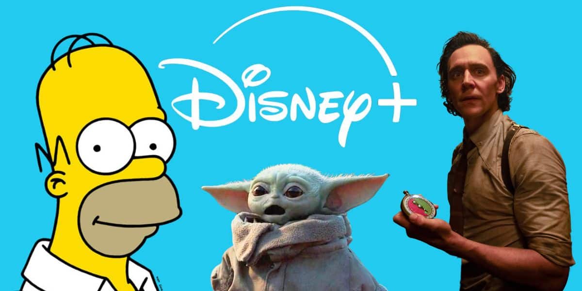 Homer Simpson, Baby Yoda (Grogu), and Loki stand in front of a Disney+ logo