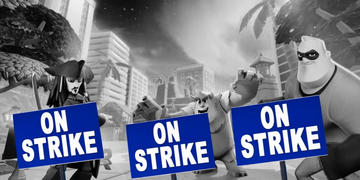Black and white image depicting animated characters, including a pirate and a superhero, holding signs that read "ON STRIKE." They appear to be protesting within a cityscape with trees and buildings in the background.