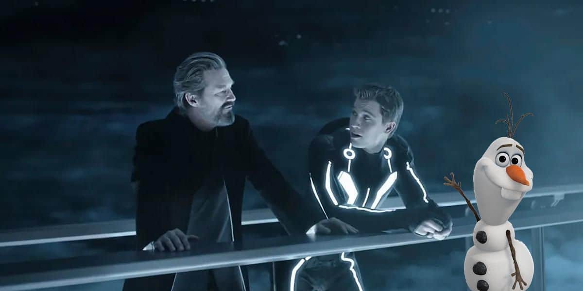 Jeff Bridges in Tron: Ares with Olaf from Frozen on the side