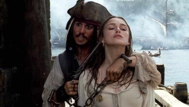 Johnny Depp as Jack Sparrow and Keira Knightley as Elizabeth Swann in Pirates of the Caribbean