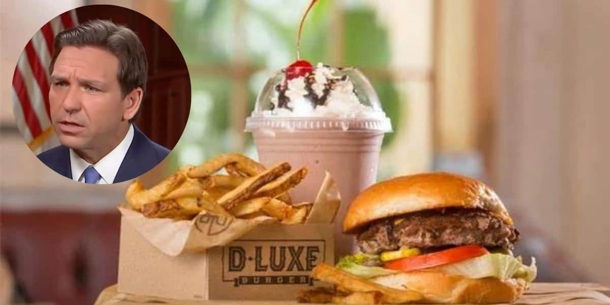 A burger, fries, and shake from D-Luxe burgers with an image of Ron DeSantis