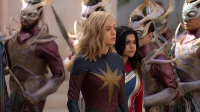 Brie Larson as Captain Marvel and Iman Vellani as Miss Marvel in The Marvels