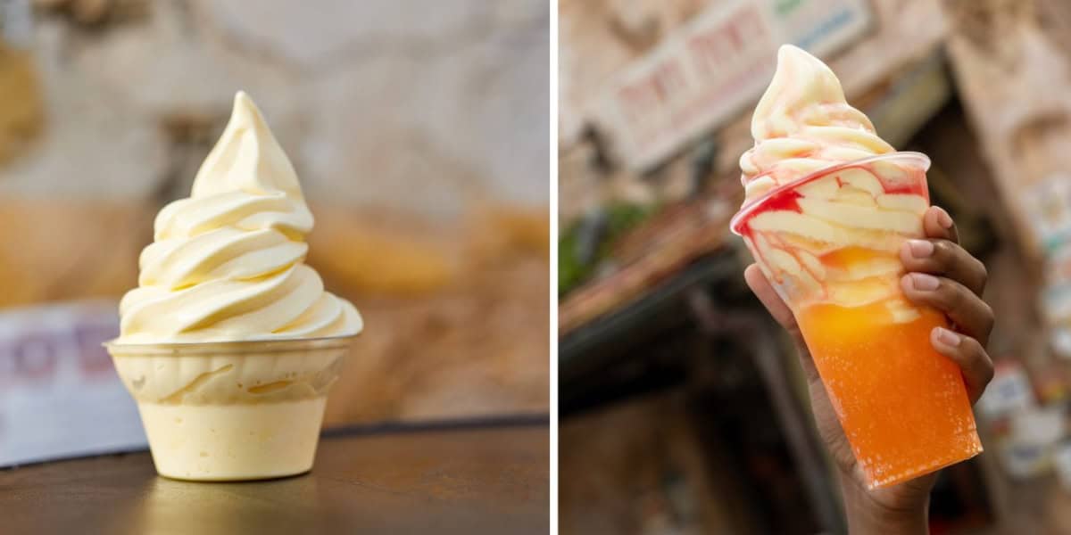 Two images of soft-serve ice cream. On the left, a swirl of vanilla ice cream in a small cup. On the right, a swirl of vanilla ice cream in a clear cup, topped with red syrup and set over a yellow-orange slushy drink, held up by a hand.