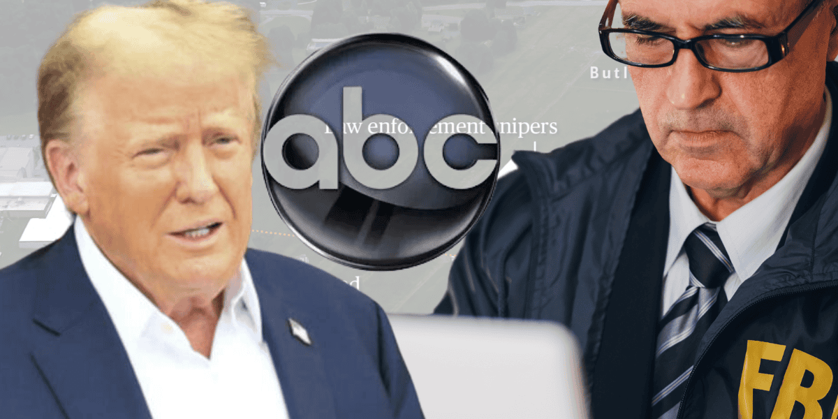 A composite image featuring a blurred person resembling Donald Trump on the left, an FBI agent on the right looking down, and an ABC logo in the center. The background shows an out-of-focus scene with text including "law enforcement snipers" and "Butl".