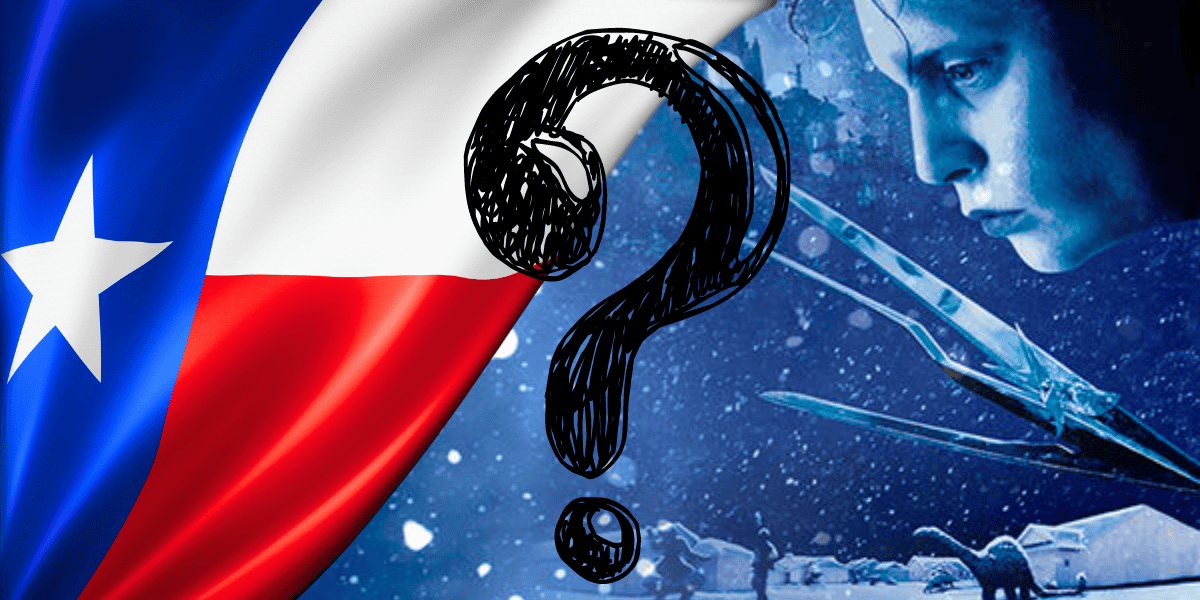 An image collage featuring the flag of Chile on the left, a large question mark in the center, and a scene from the movie "Edward Scissorhands" with the title character on the right, set against a snowy background.
