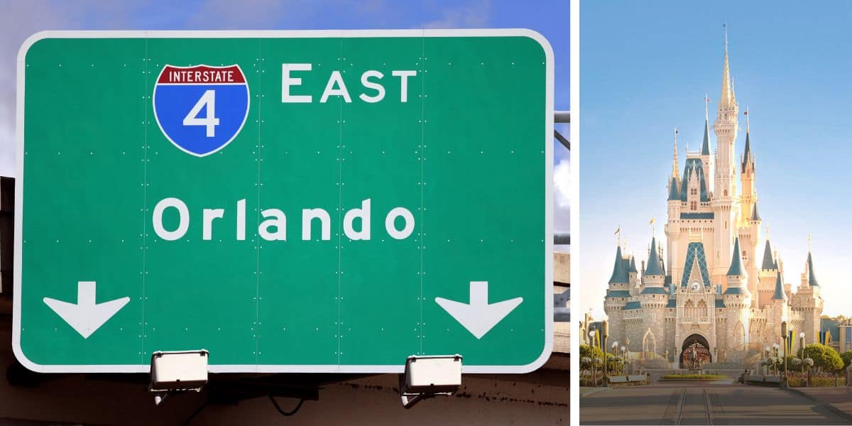 Split image: Left side shows a green road sign with "Interstate 4 East Orlando" and white arrows pointing down, reminiscent of a recent I4 car crash. Right side depicts a tall, ornate fairy-tale castle with spires, set against a bright blue sky.