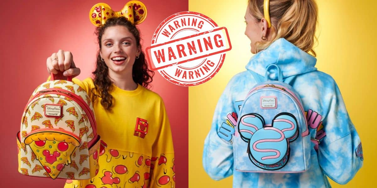 Two individuals showcase colorful Disney-themed backpacks. The person on the left wears a yellow sweater and Mickey Mouse ears, holding a pizza-patterned backpack. The person on the right wears a blue hoodie, displaying a backpack with a Mickey Mouse logo. A "WARNING" stamp is overlaid.