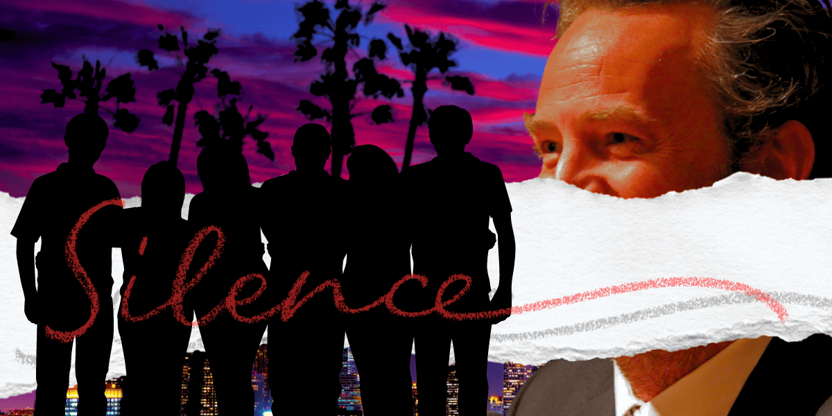 A group of silhouetted people stand against a vibrant sunset with palm trees. The foreground features a torn paper effect revealing the partial face of a man in a suit. The word "Silence" is written in red cursive across the scene.