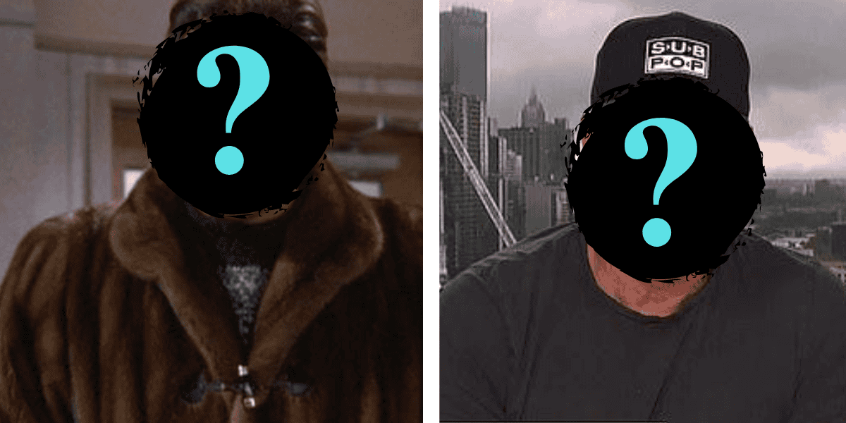 Split image with unknown individuals. The left side shows a person wearing a brown fur coat over a light interior background. The right side shows a person wearing a black "Sub Pop" cap and a dark shirt against an urban backdrop with skyscrapers. Faces are obscured.