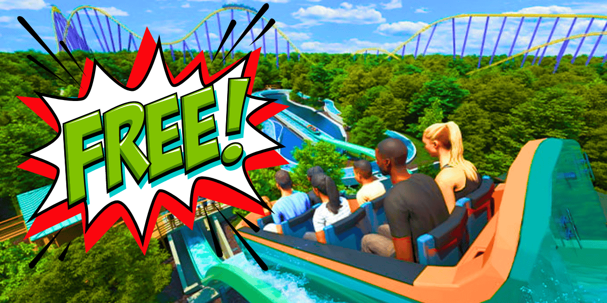 A group of people riding a log flume water ride at an amusement park. The ride is surrounded by lush green trees and roller coaster tracks in the background. Overlaid graphic text in comic book style reads "FREE!" on the left side of the image.