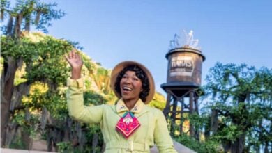 A person wearing a green jacket and pink scarf smiles and waves outside in a bright, sunny setting. In the background, there are trees and a water tower with the words "Tiana's Foods" on it. The person appears cheerful and welcoming.