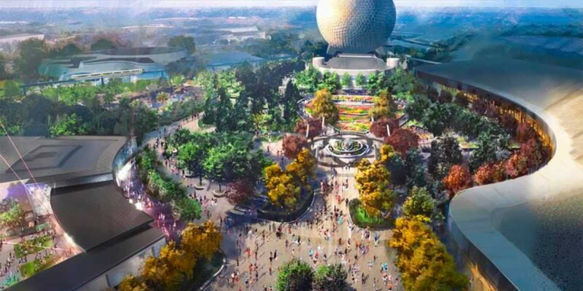 Wide-angle view of a theme park with a large geodesic sphere in the background. The park features vibrant gardens, numerous pathways filled with visitors, and lush greenery. Various buildings and structures are visible amidst the colorful landscape.