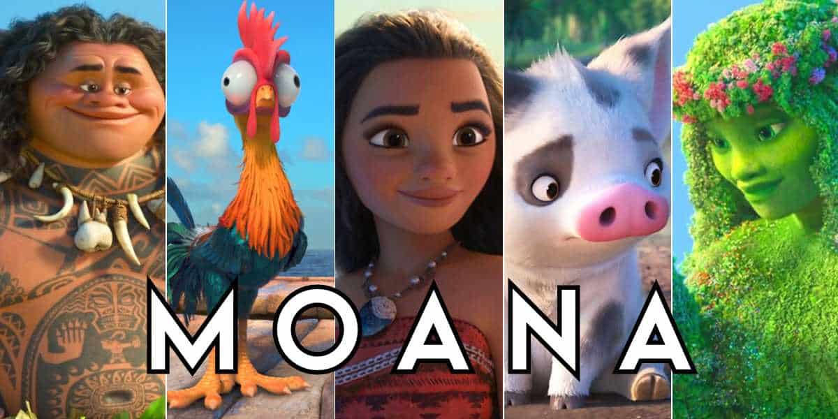 Image featuring characters from the animated film "Moana": Maui (muscular man with tattoos), Heihei (silly rooster), Moana (young girl with long hair), Pua (cute pig), and Te Fiti (green goddess with flowers in hair). Text reads "Moana" at the bottom.