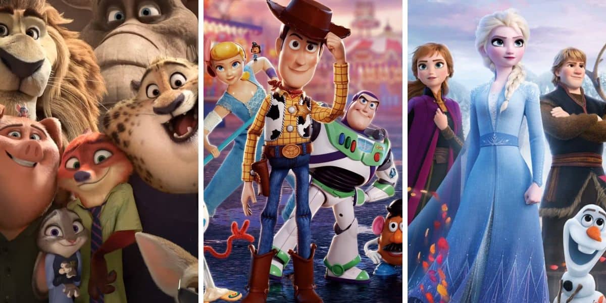 Scenes from Zootopia, Toy Story, and Frozen