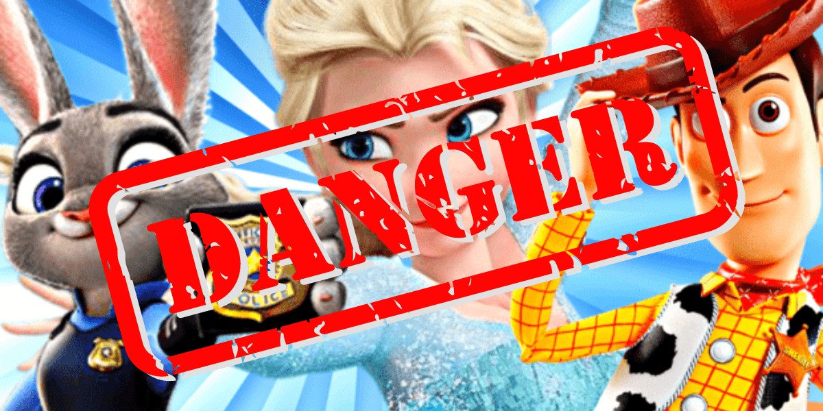 A digitally created image features beloved cartoon characters, including a bunny police officer, a character in an ice queen dress, and a cowboy doll. A bold red stamp reading "DANGER" is superimposed across them, evoking scenes that have dominated the box office thanks to Disney Company’s storytelling magic.