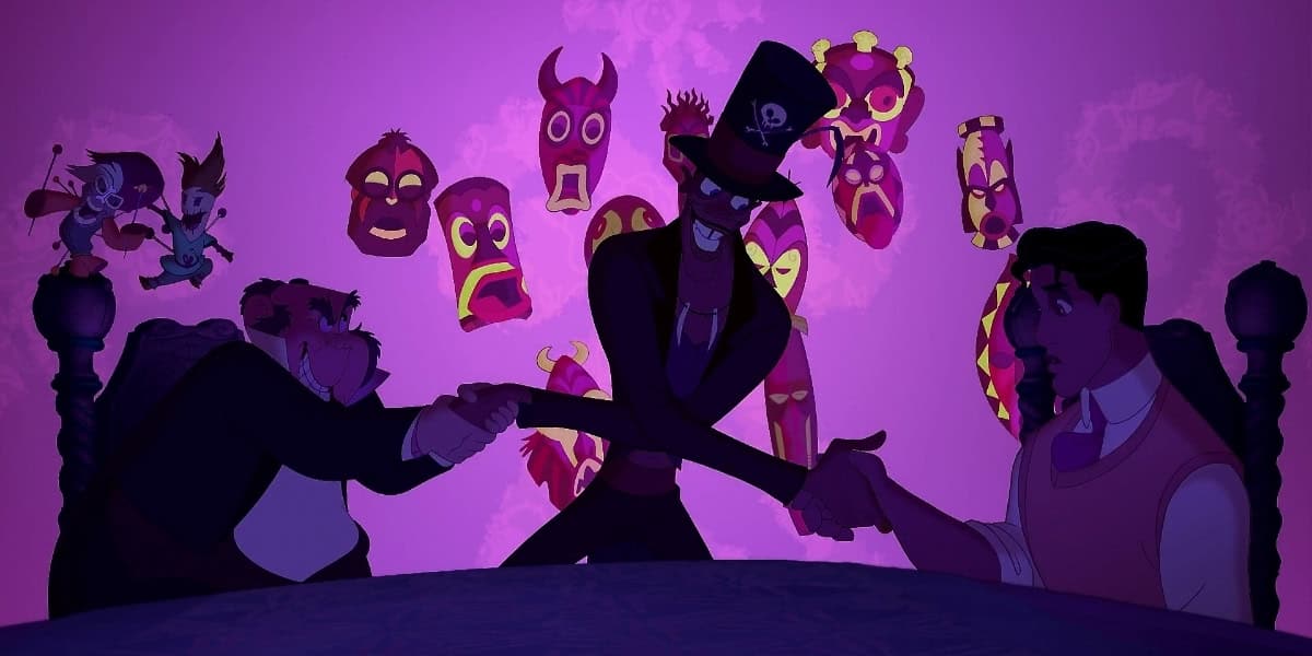 A tall, slender man in a top hat decorated with a skull emblem holds hands with two uneasy-looking men sitting at a table. The background is filled with colorful, glowing masks in a purple-hued room.