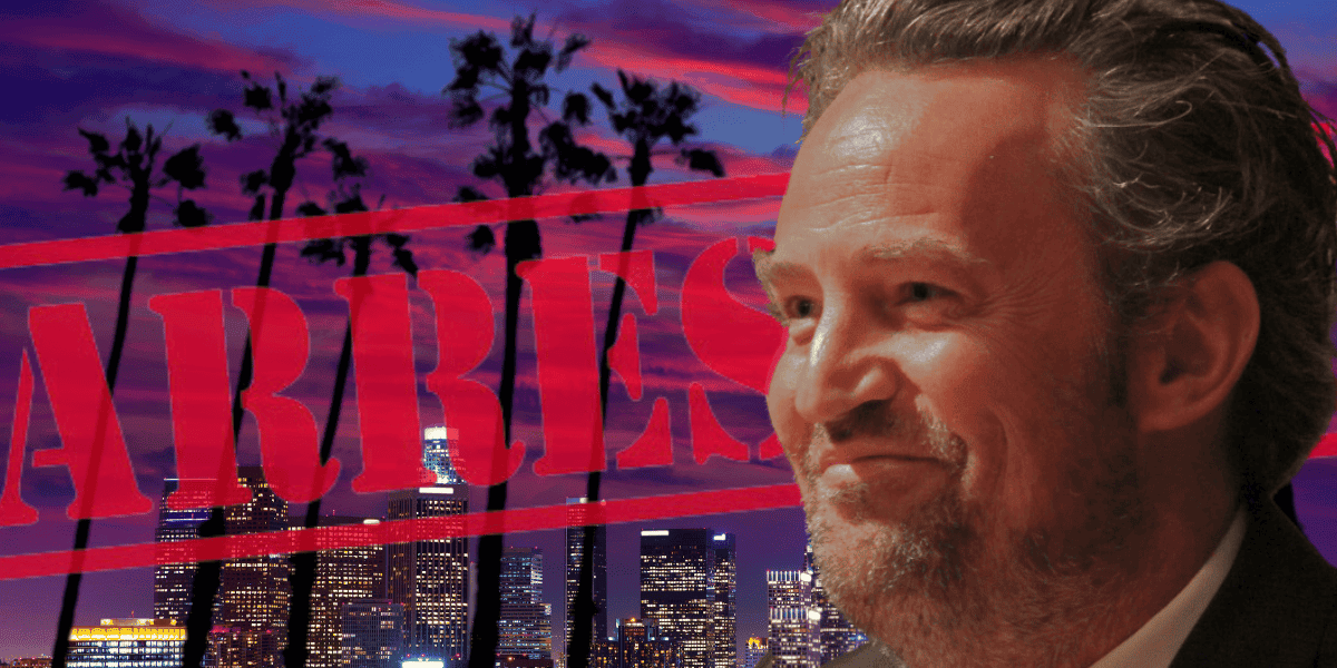 A man with gray hair and a beard is smiling in the foreground. In the background, there is a cityscape with tall buildings and palm trees against a pink and purple sky. The word "ARRESTED" is stamped prominently in red across the image.
