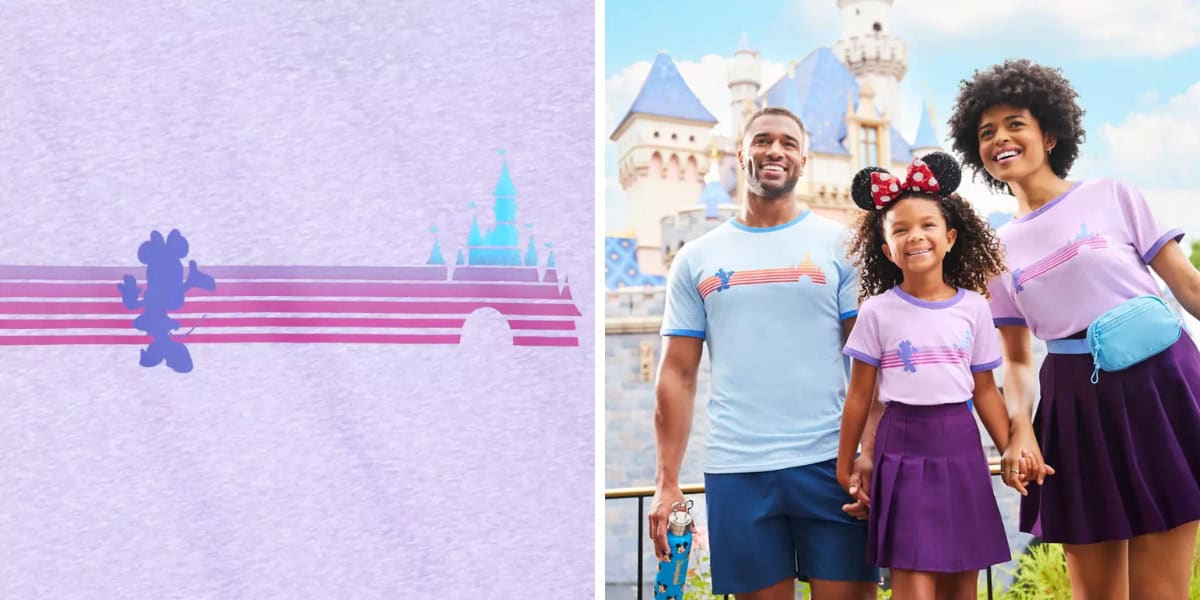 On the left, there is a graphic of a mouse silhouette and a castle with stripes. On the right, a smiling family of three stands in front of a castle, all wearing matching themed clothing. The child has a mouse ear headband, and they are enjoying a sunny day.