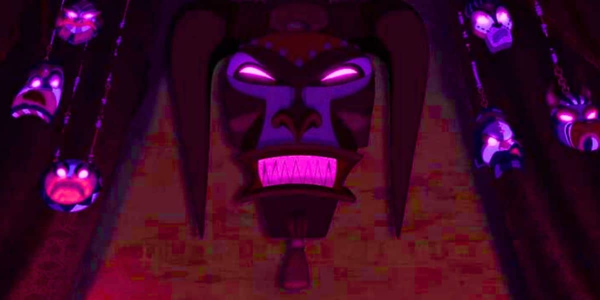 A dark, ominous scene featuring a large, glowing, purple mask with sharp teeth and intimidating eyes at the center. Surrounding the mask are smaller, similarly sinister masks hanging on chains, all illuminated by a purple and red light.