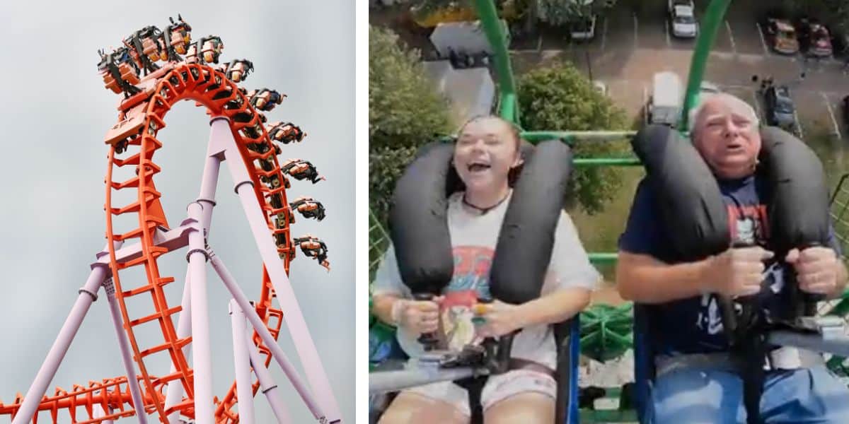 On the left, there is a looping red and yellow roller coaster with riders. On the right, a young woman and an older man, who looks like a Vice Presidential Nominee, excitedly ride a green suspended roller coaster, both gripping the safety bars firmly. The background shows greenery and parked vehicles.