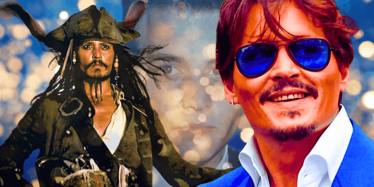 A collage featuring Johnny Depp in his new role, dressed as a pirate with a tricorn hat, dark makeup, and beads in his hair on the left, and the same man wearing blue sunglasses and a suit, smiling on the right. The background is a mix of bokeh lights and a partially visible face.