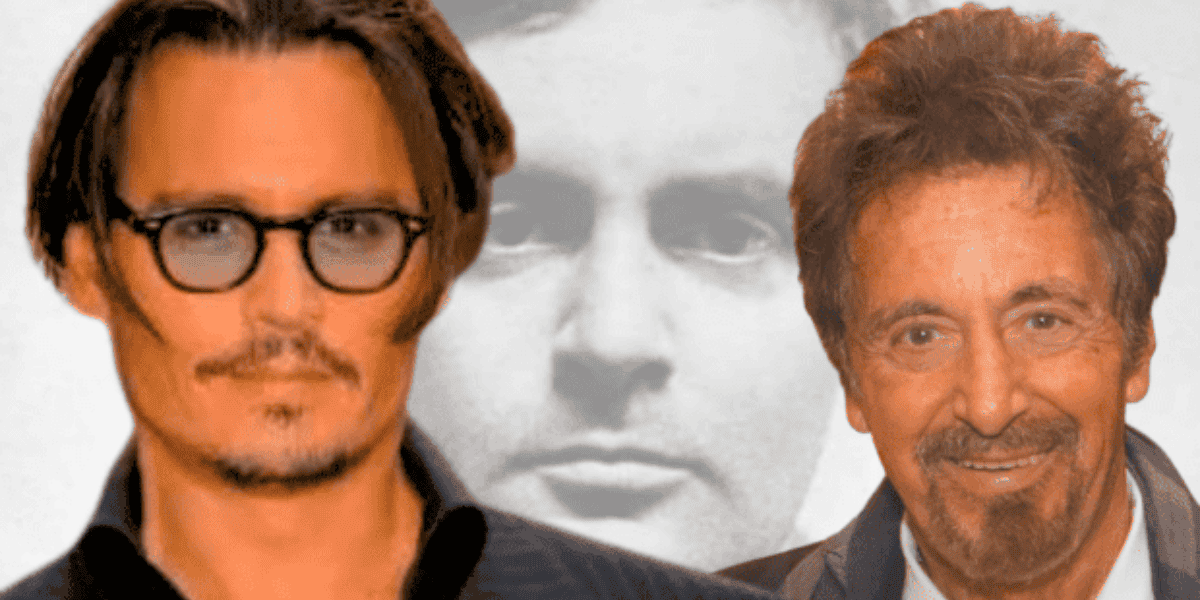 Two men in the foreground, one wearing glasses and the other with a beard and mustache, against a monochromatic backdrop featuring a black-and-white photo of Johnny Depp in his new role.