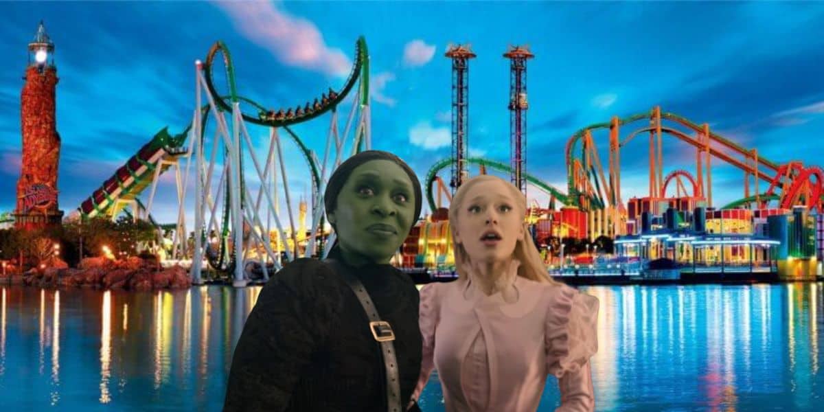 Glinda and Elpheba from Wicked standing in front of Universal Orlando