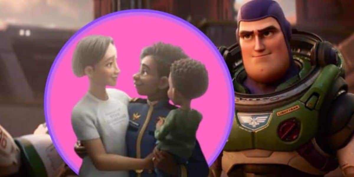 An animated image showing a space ranger in a green suit next to a circular inset featuring two women and a child. The women are smiling at each other, and one is holding the child. The background appears to be a space station.