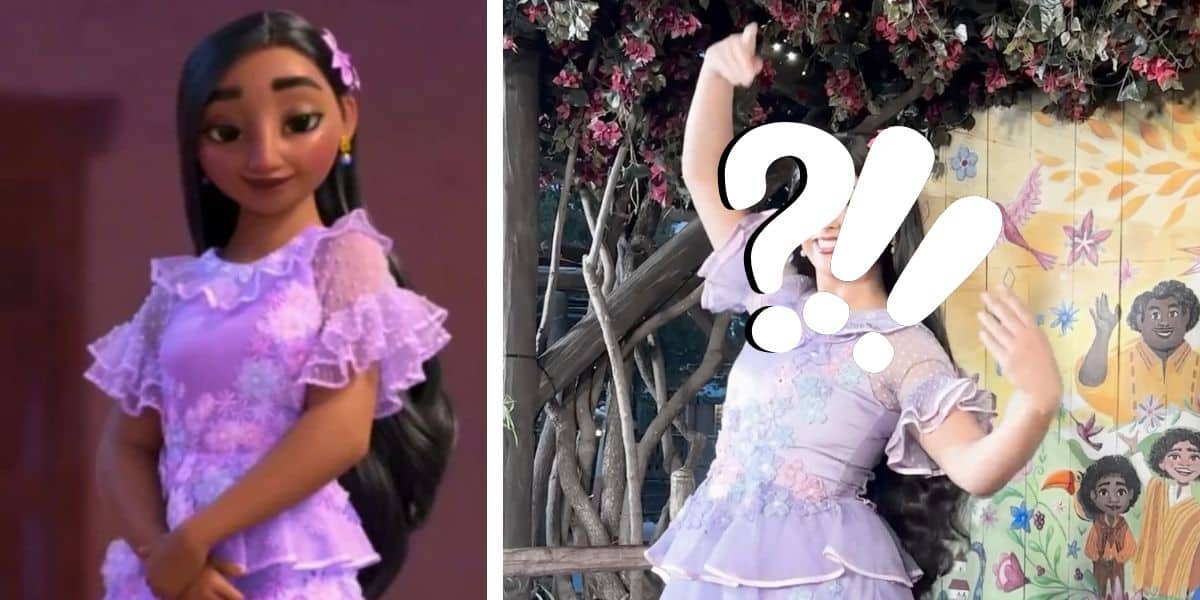 On the left, Isabella rom Encanto with long dark hair wears a light purple dress and smiles. On the right, a person dressed similarly in a light purple outfit has their face covered by a "?!". They are posing in front of a decorative background with flowers and murals.