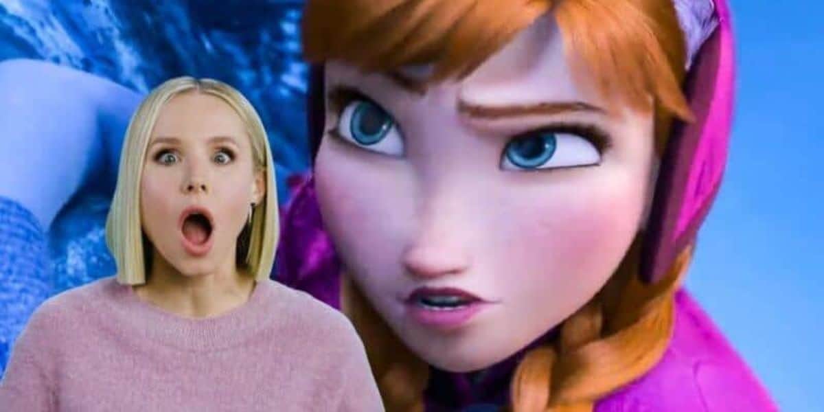 A blonde woman with an open-mouthed surprised expression is positioned in front of an animated character with red hair and a determined look, wearing a pink outfit. The animated character looks focused on something in the distance, while the woman seems shocked.