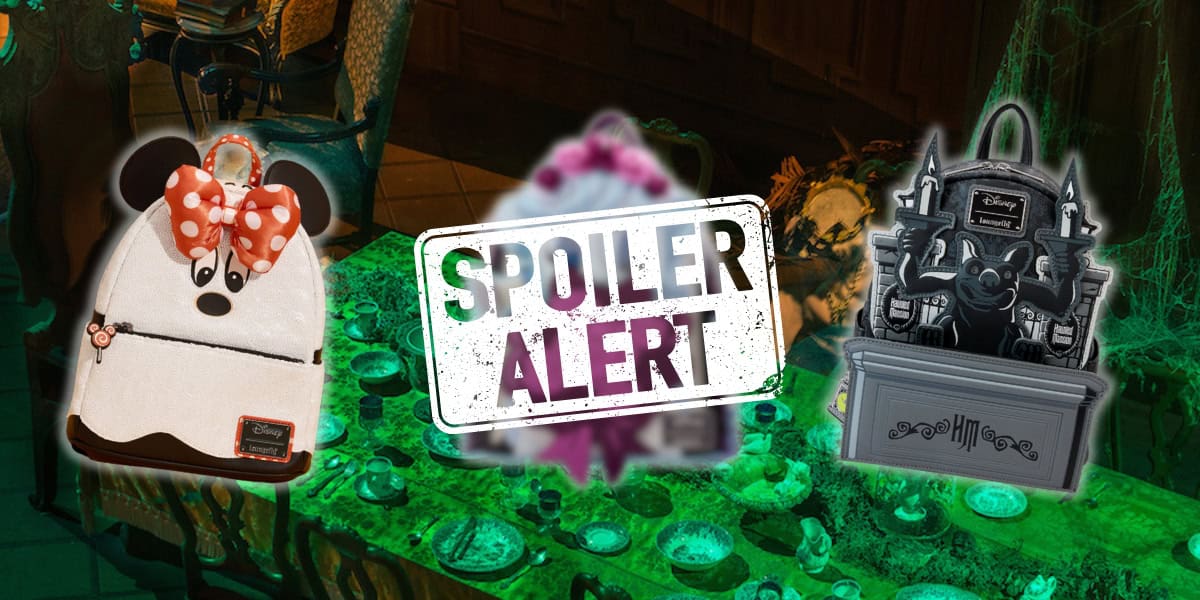 An eerie dining scene with cobwebs and ghostly green lighting. In the foreground are three Disney-themed items: a Minnie Mouse backpack, an unidentified blurred object with "Spoiler Alert" stamp over it, and a Haunted Mansion-themed figure.