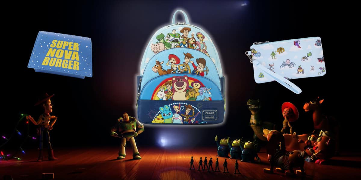 A display featuring a backpack decorated with characters from Disney Pixar movies, a wallet with a similar theme, and a "Super Nova Burger" box. In the background, small figures of Woody, Buzz Lightyear, and other Pixar characters are illuminated on stage.