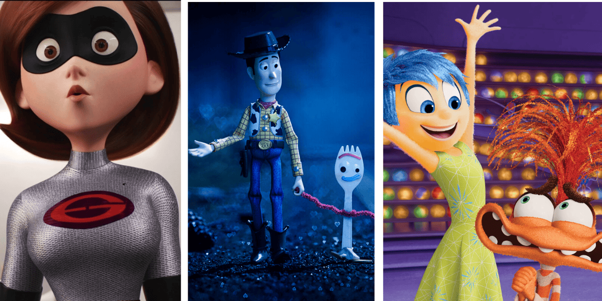 A collage of animated characters: Elastigirl from "The Incredibles" in her superhero costume, Woody and Forky from "Toy Story 4," and Joy and Anger from "Inside Out," with Joy raising her arms enthusiastically and Anger looking surprised.