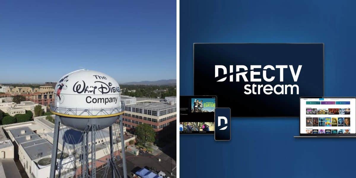The image is split into two sections: the left side shows a water tower with “The Walt Disney Company” logo on top in an aerial view, while the right side shows the logos and devices for DirecTV Stream, including a TV, smartphone, tablet, and laptop.