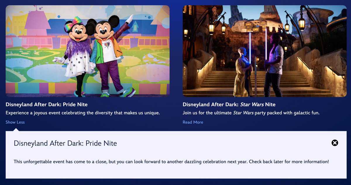 Promotional image for Disneyland After Dark events: Pride Nite dazzles with Disney characters in colorful outfits; Star Wars Nite immerses guests in a dimly lit, themed setting. A message highlights the season's end and sparks anticipation for next year's enchantment at Disneyland After Dark.