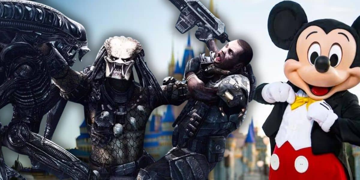 A fantastical collage featuring iconic sci-fi and fantasy characters, including an alien creature, a futuristic warrior, and a person in a Mickey Mouse costume, all set against a dreamy castle backdrop at Disney World.